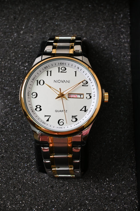Niovani Classic (Two Tone 14K Genuine Gold Plating) - Men's Watch - Stainless Steel Strap - Date & Day Function - 1 Year Warranty - Water Resistance
