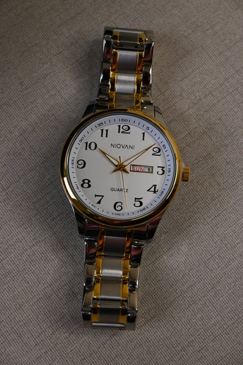 Niovani Classic (Two Tone 14K Genuine Gold Plating) - Men's Watch - Stainless Steel Strap - Date & Day Function - 1 Year Warranty - Water Resistance