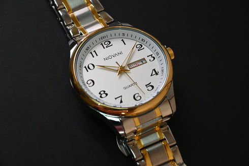 Niovani Classic (Two Tone 14K Genuine Gold Plating) - Men's Watch - Stainless Steel Strap - Date & Day Function - 1 Year Warranty - Water Resistance
