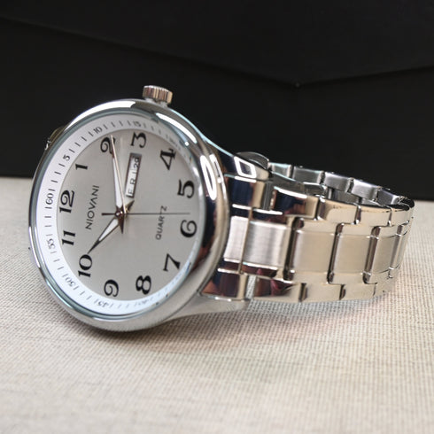 Niovani Classic (Sparkling Silver) - Men's Watch - Stainless Steel Strap - Date & Day Function - 1 Year Warranty - Water Resistance