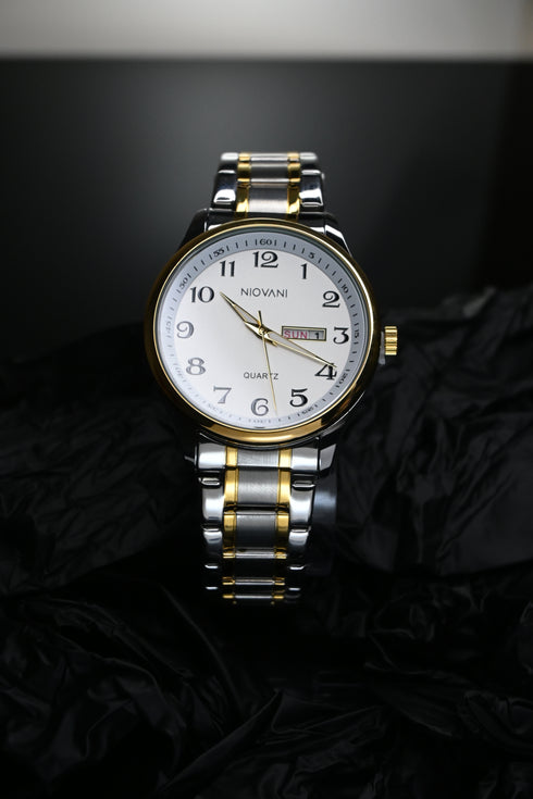 Niovani Classic (Two Tone 14K Genuine Gold Plating) - Men's Watch - Stainless Steel Strap - Date & Day Function - 1 Year Warranty - Water Resistance