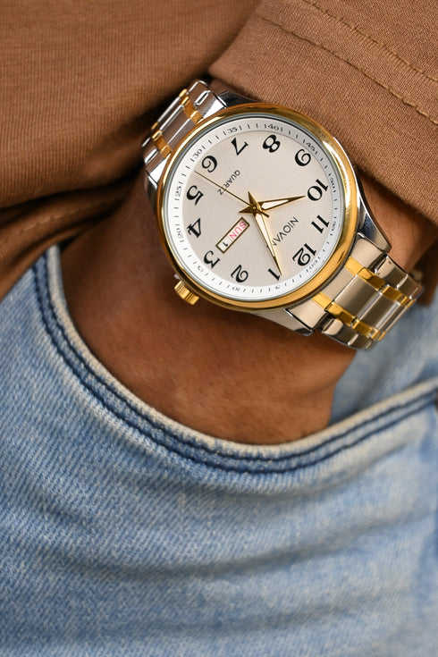 Niovani Classic (Two Tone 14K Genuine Gold Plating) - Men's Watch - Stainless Steel Strap - Date & Day Function - 1 Year Warranty - Water Resistance