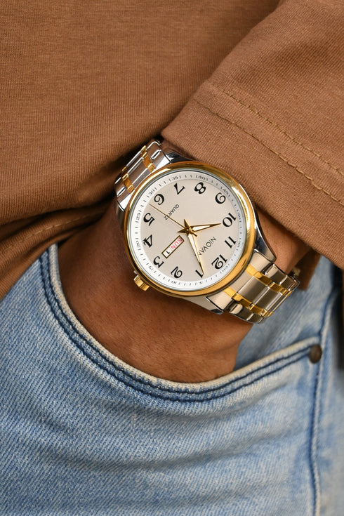 Niovani Classic (Two Tone 14K Genuine Gold Plating) - Men's Watch - Stainless Steel Strap - Date & Day Function - 1 Year Warranty - Water Resistance