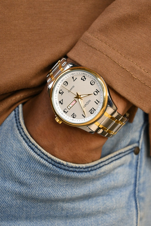 Niovani Classic (Two Tone 14K Genuine Gold Plating) - Men's Watch - Stainless Steel Strap - Date & Day Function - 1 Year Warranty - Water Resistance