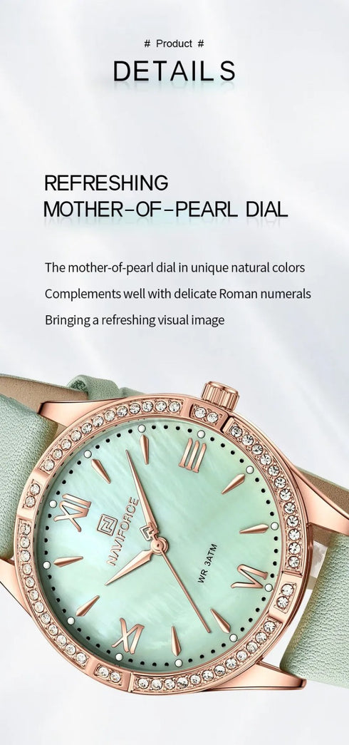 Naviforce Women's Watch - Lime Green & Mother of Pearl Dial - Ultrasoft Leather Strap - 1 Year Warranty