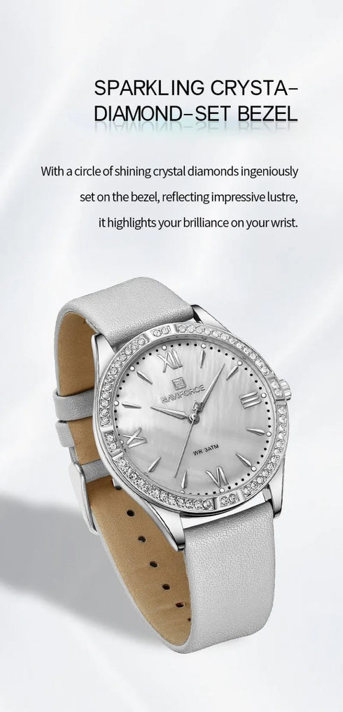Naviforce Women's Watch - Classic Grey & Mother of Pearl Dial - Ultrasoft Leather Strap - 1 Year Warranty