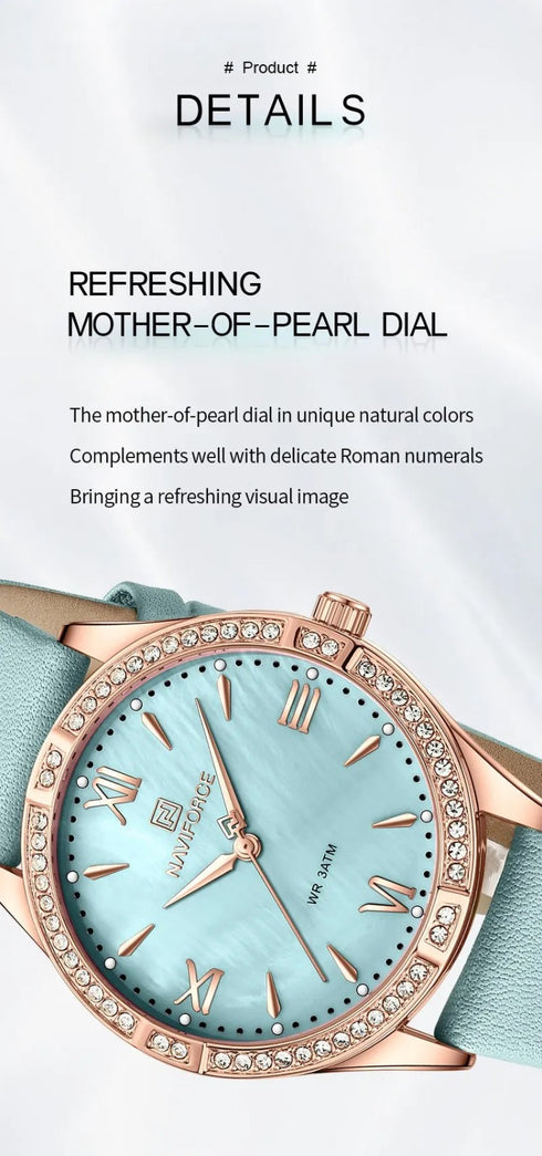 Naviforce Women's Watch - Baby Blue & Mother of Pearl Dial - Ultrasoft Leather Strap - 1 Year Warranty