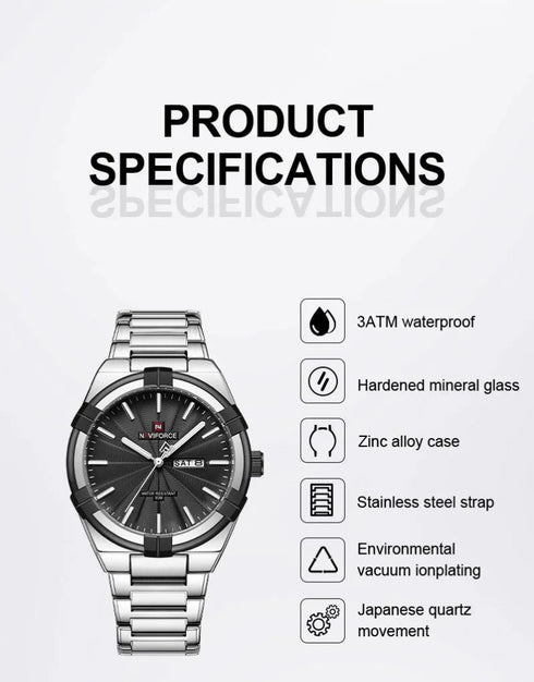 Naviforce Men's Watch - Sparkling Black & Silver - Date & Day Feature - Steel Strap - 1 Year Warranty