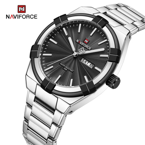 Naviforce Men's Watch - Sparkling Black & Silver - Date & Day Feature - Steel Strap - 1 Year Warranty