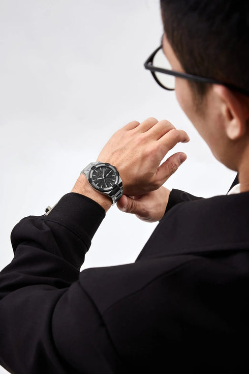 Naviforce Men's Watch - Sparkling Black & Silver - Date & Day Feature - Steel Strap - 1 Year Warranty