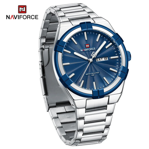 Naviforce Men's Watch - Sparkling Blue & Silver - Date & Day Feature - Steel Strap - 1 Year Warranty