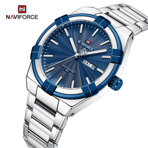 Naviforce Men's Watch - Sparkling Blue & Silver - Date & Day Feature - Steel Strap - 1 Year Warranty