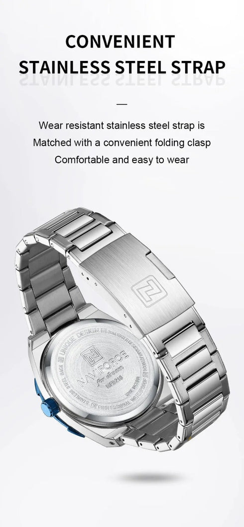 Naviforce Men's Watch - Sparkling Blue & Silver - Date & Day Feature - Steel Strap - 1 Year Warranty