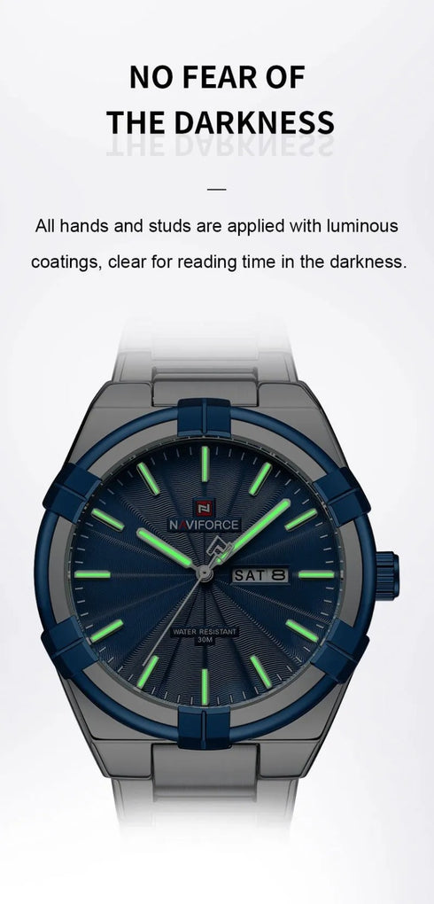 Naviforce Men's Watch - Sparkling Blue & Silver - Date & Day Feature - Steel Strap - 1 Year Warranty