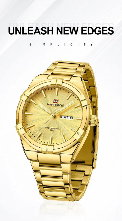 Naviforce Men's Watch - Sparkling Gold Plated - Date & Day Feature - Steel Strap - 1 Year Warranty