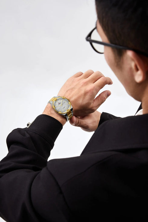 Naviforce Men's Watch - Gold & Sparkling Silver - Date & Day Feature - Steel Strap - 1 Year Warranty