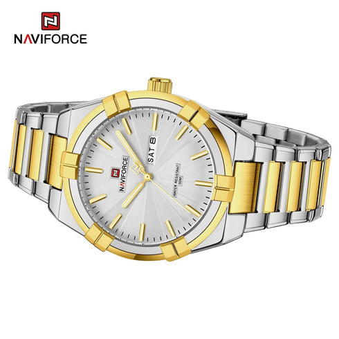 Naviforce Men's Watch - Gold & Sparkling Silver - Date & Day Feature - Steel Strap - 1 Year Warranty