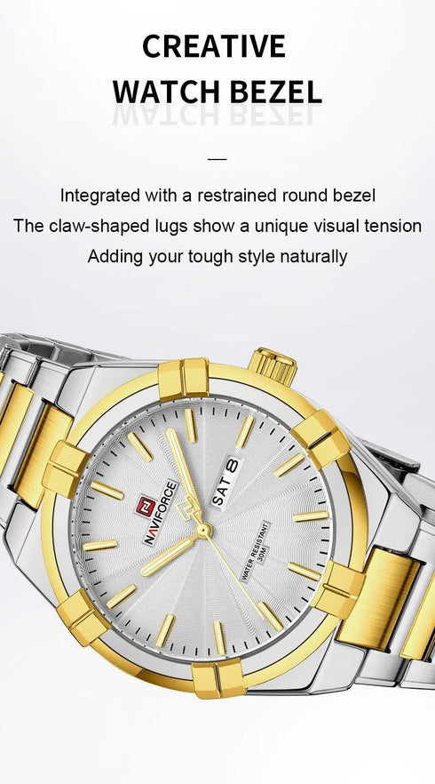 Naviforce Men's Watch - Gold & Sparkling Silver - Date & Day Feature - Steel Strap - 1 Year Warranty