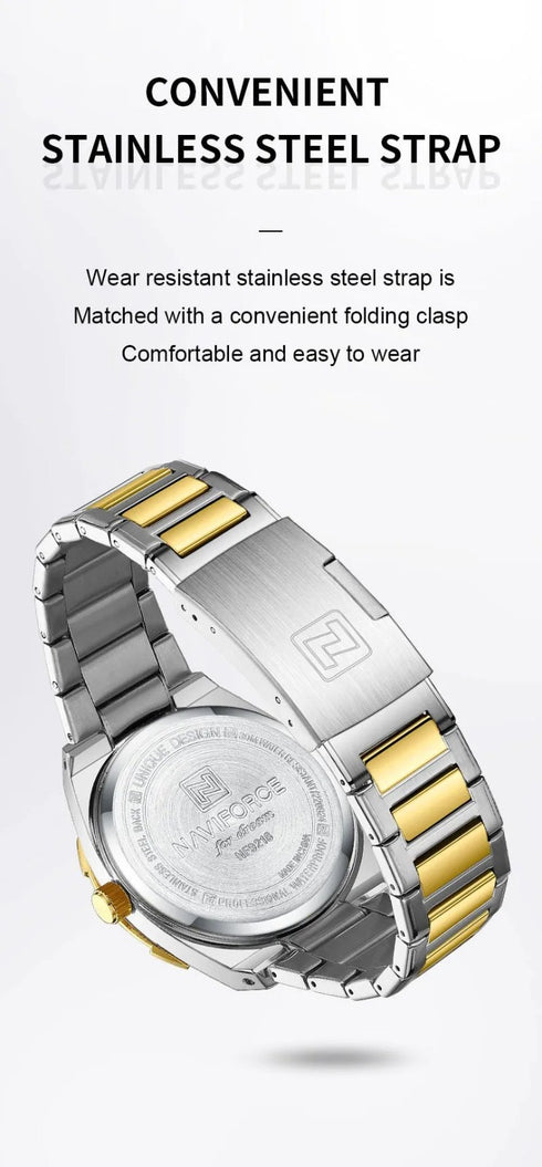 Naviforce Men's Watch - Gold & Sparkling Silver - Date & Day Feature - Steel Strap - 1 Year Warranty