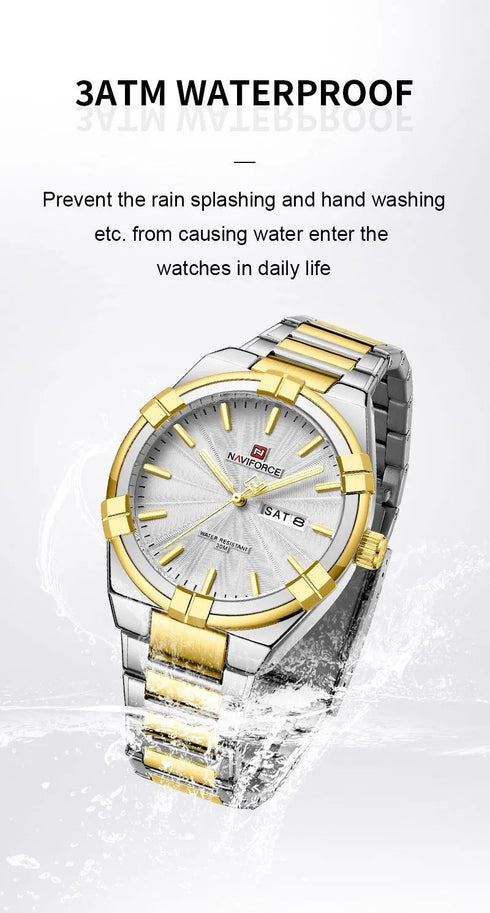 Naviforce Men's Watch - Gold & Sparkling Silver - Date & Day Feature - Steel Strap - 1 Year Warranty