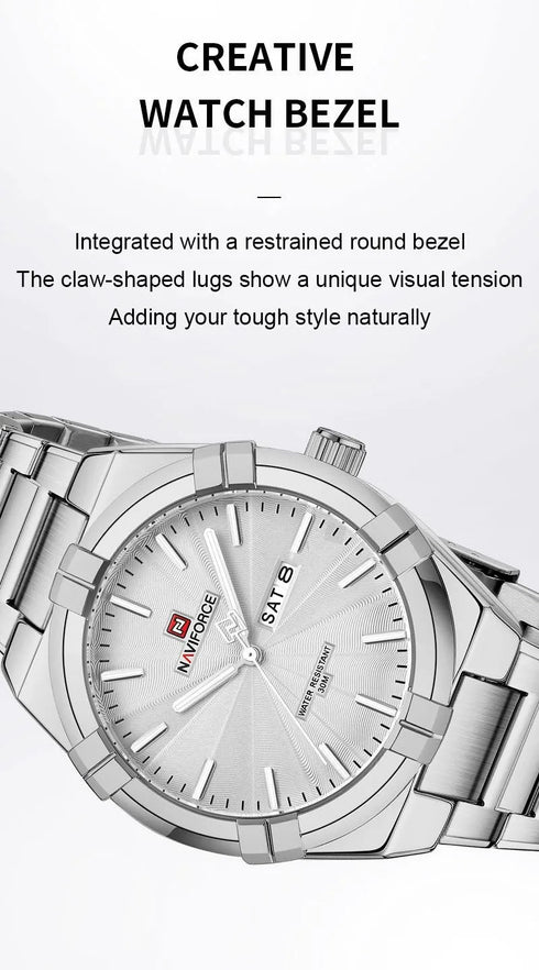 Naviforce Men's Watch - Sparkling Silver - Date & Day Feature - Steel Strap - 1 Year Warranty