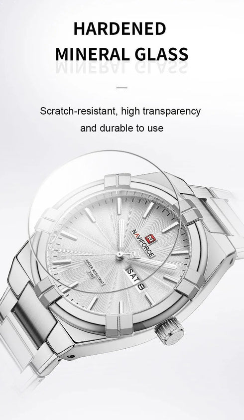 Naviforce Men's Watch - Sparkling Silver - Date & Day Feature - Steel Strap - 1 Year Warranty