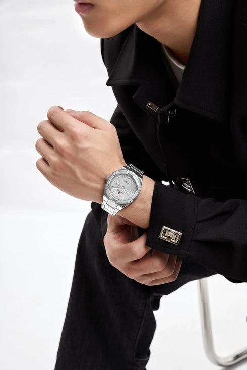 Naviforce Men's Watch - Sparkling Silver - Date & Day Feature - Steel Strap - 1 Year Warranty