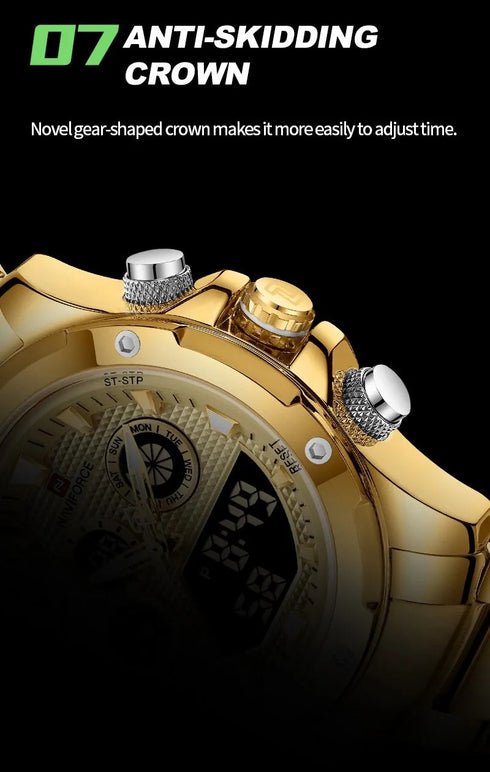 Naviforce Men's Watch - Analog + Digital - Sparkling Gold - Steel Strap - 1 Year Warranty
