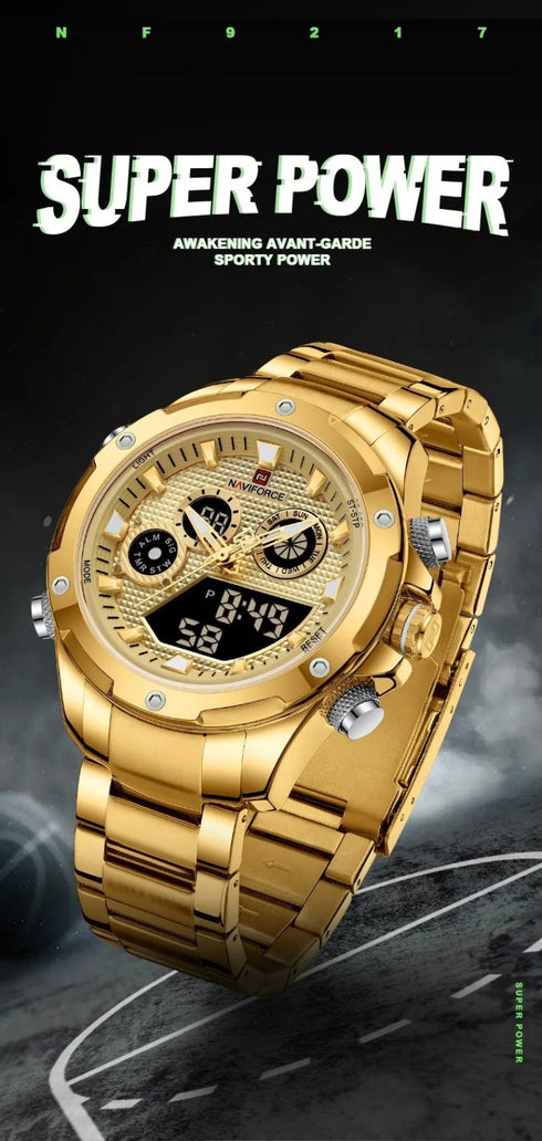 Naviforce Men's Watch - Analog + Digital - Sparkling Gold - Steel Strap - 1 Year Warranty