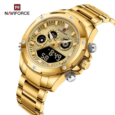 Naviforce Men's Watch - Analog + Digital - Sparkling Gold - Steel Strap - 1 Year Warranty