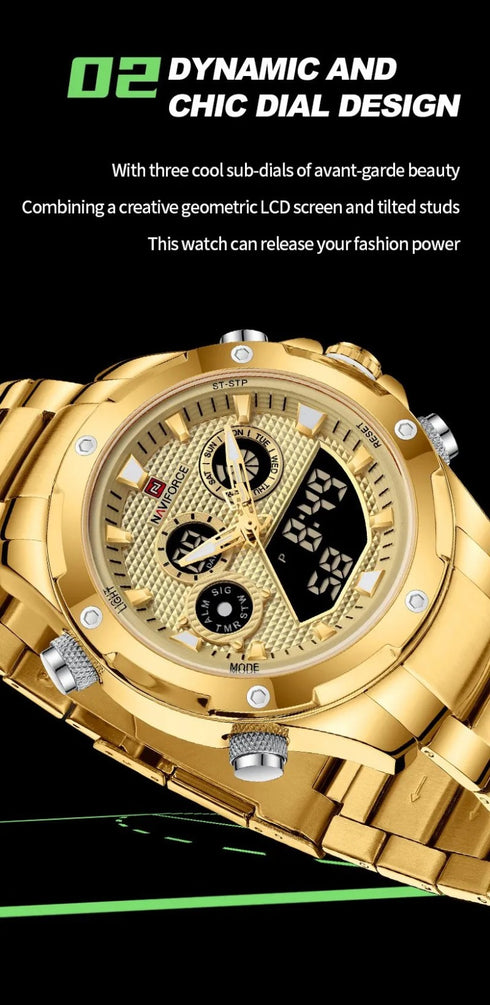 Naviforce Men's Watch - Analog + Digital - Sparkling Gold - Steel Strap - 1 Year Warranty