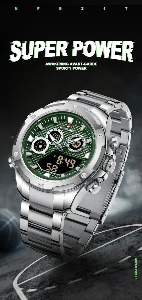 Naviforce Men's Watch - Analog + Digital - Sparkling Silver & Jungle Green - Steel Strap - 1 Year Warranty