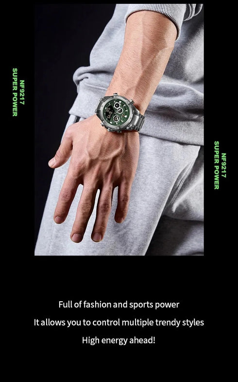 Naviforce Men's Watch - Analog + Digital - Sparkling Silver & Jungle Green - Steel Strap - 1 Year Warranty