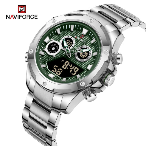 Naviforce Men's Watch - Analog + Digital - Sparkling Silver & Jungle Green - Steel Strap - 1 Year Warranty