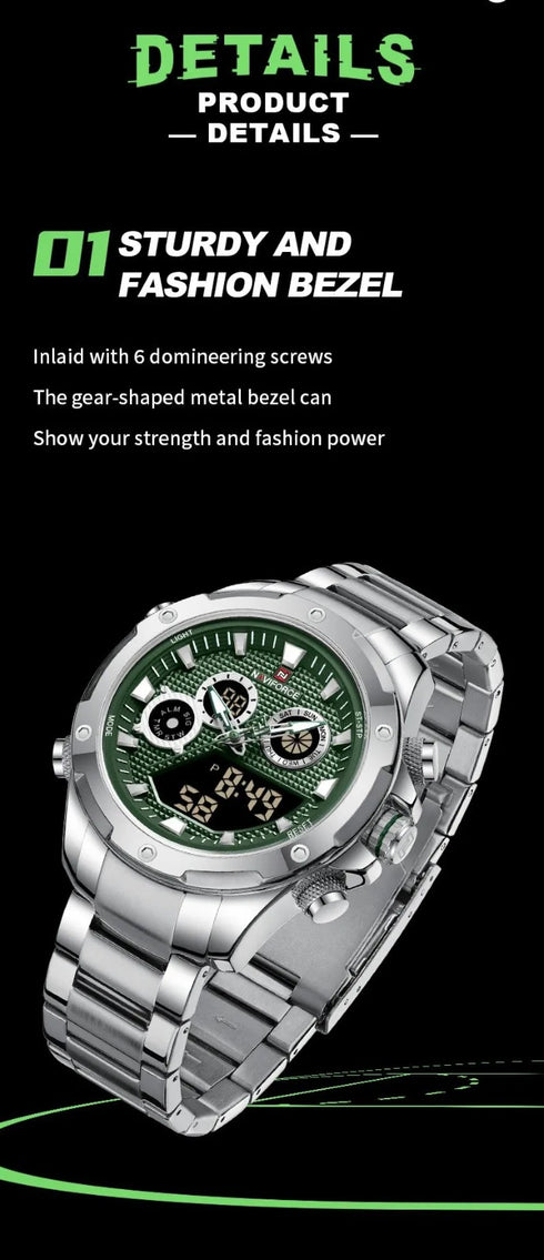 Naviforce Men's Watch - Analog + Digital - Sparkling Silver & Jungle Green - Steel Strap - 1 Year Warranty