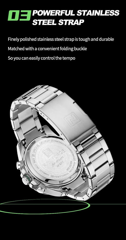 Naviforce Men's Watch - Analog + Digital - Sparkling Silver & Jungle Green - Steel Strap - 1 Year Warranty