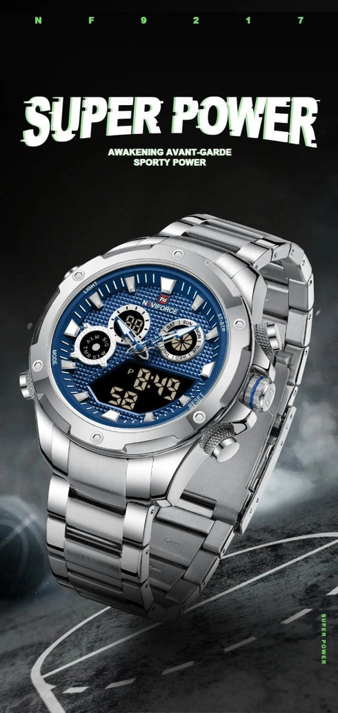 Naviforce Men's Watch - Analog + Digital - Sparkling Blue & Silver - Steel Strap - 1 Year Warranty