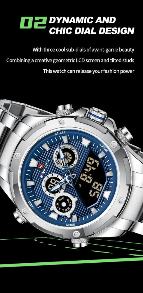 Naviforce Men's Watch - Analog + Digital - Sparkling Blue & Silver - Steel Strap - 1 Year Warranty