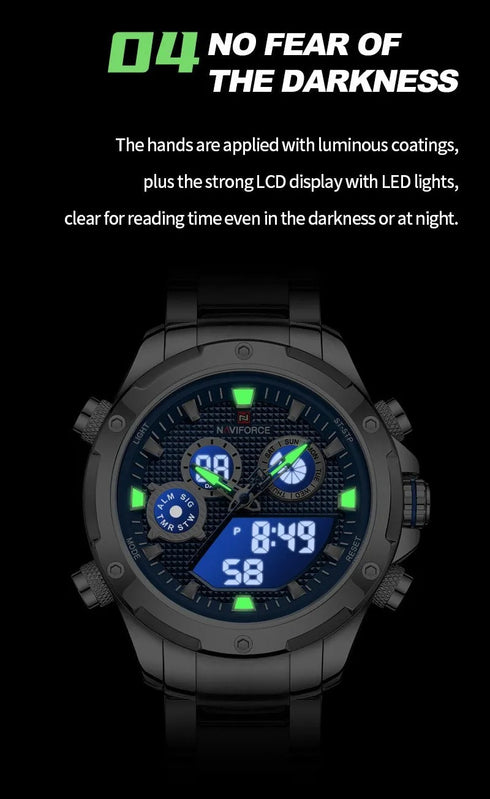 Naviforce Men's Watch - Analog + Digital - Sparkling Blue & Silver - Steel Strap - 1 Year Warranty