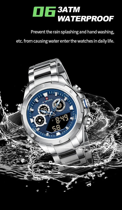 Naviforce Men's Watch - Analog + Digital - Sparkling Blue & Silver - Steel Strap - 1 Year Warranty