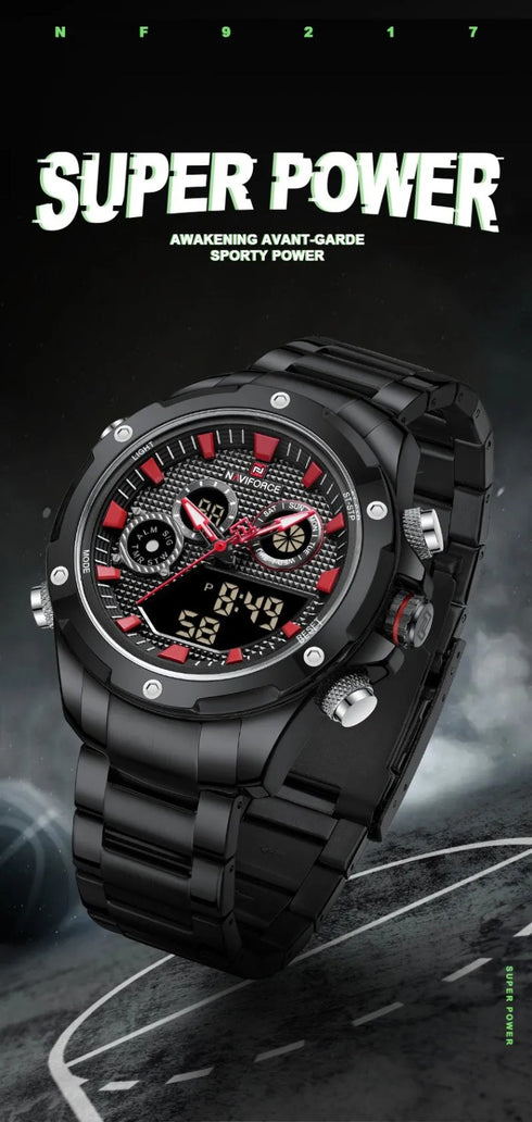 Naviforce Men's Watch - Analog + Digital - Sparkling Black & Red - Steel Strap - 1 Year Warranty