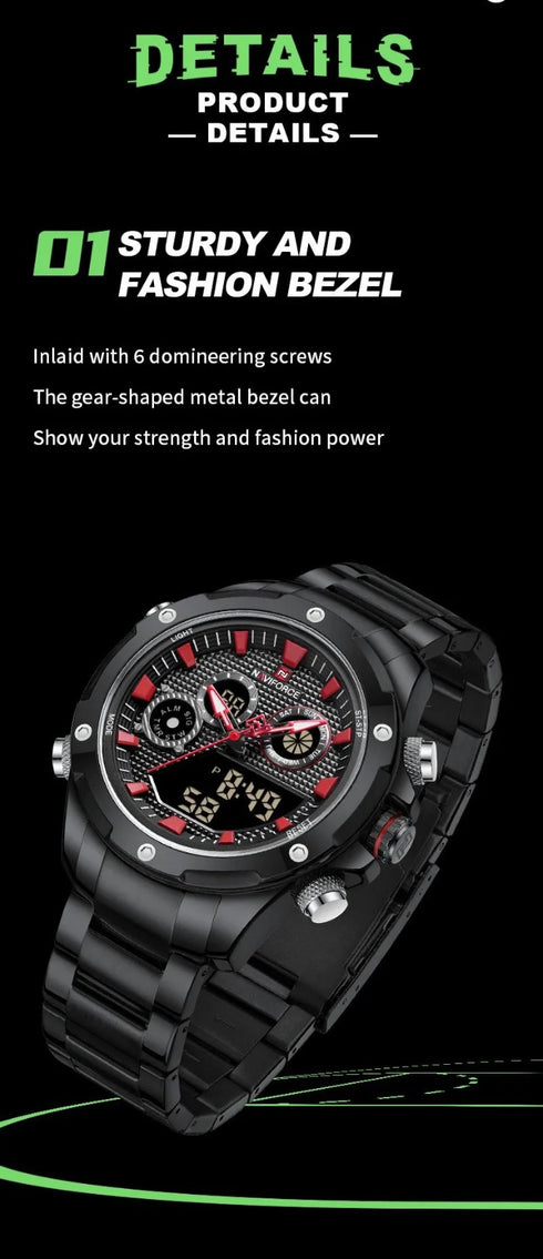 Naviforce Men's Watch - Analog + Digital - Sparkling Black & Red - Steel Strap - 1 Year Warranty