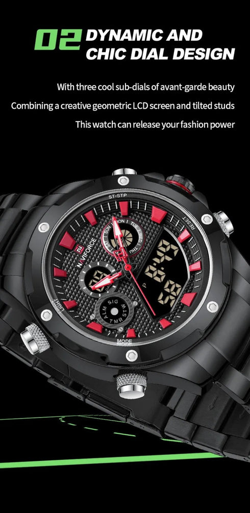 Naviforce Men's Watch - Analog + Digital - Sparkling Black & Red - Steel Strap - 1 Year Warranty