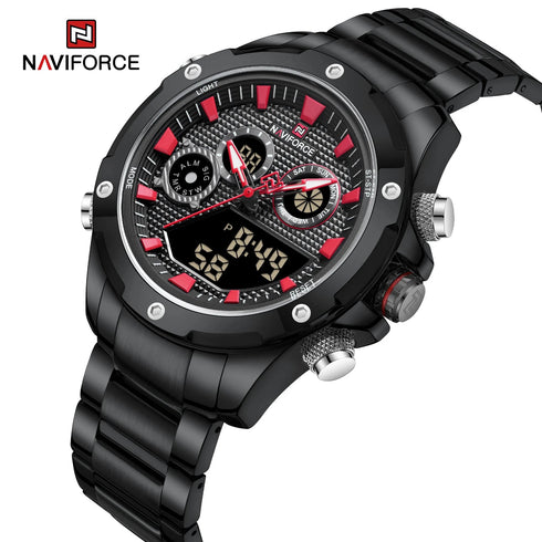 Naviforce Men's Watch - Analog + Digital - Sparkling Black & Red - Steel Strap - 1 Year Warranty