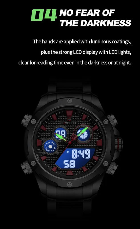 Naviforce Men's Watch - Analog + Digital - Sparkling Black & Red - Steel Strap - 1 Year Warranty