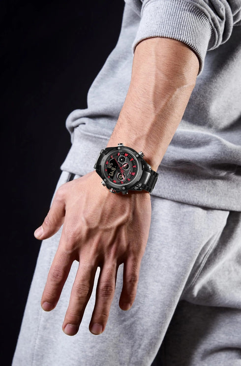 Naviforce Men's Watch - Analog + Digital - Sparkling Black & Red - Steel Strap - 1 Year Warranty