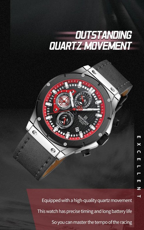 Naviforce Men's Watch - Chronograph - Sparkling Black & Red - Genuine Leather Strap - 1 Year Warranty