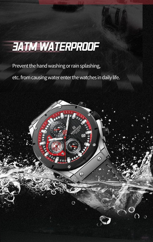 Naviforce Men's Watch - Chronograph - Sparkling Black & Red - Genuine Leather Strap - 1 Year Warranty