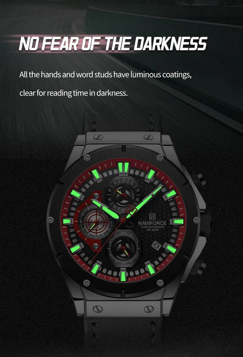 Naviforce Men's Watch - Chronograph - Sparkling Black & Red - Genuine Leather Strap - 1 Year Warranty