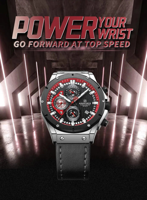 Naviforce Men's Watch - Chronograph - Sparkling Black & Red - Genuine Leather Strap - 1 Year Warranty